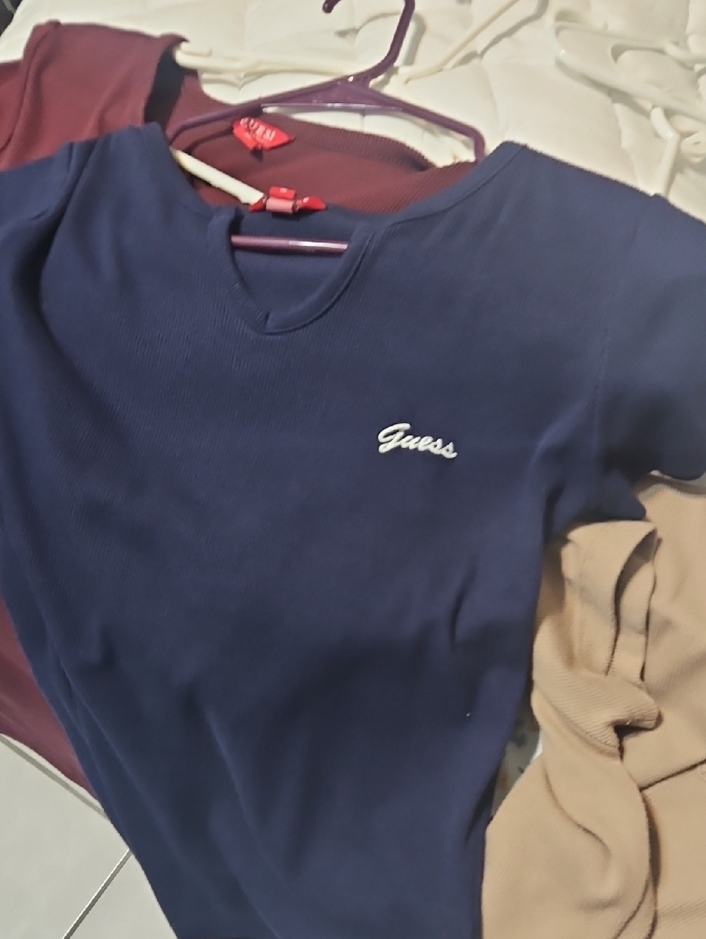 Guess Navy Ribbed V-Notch Logo Tee